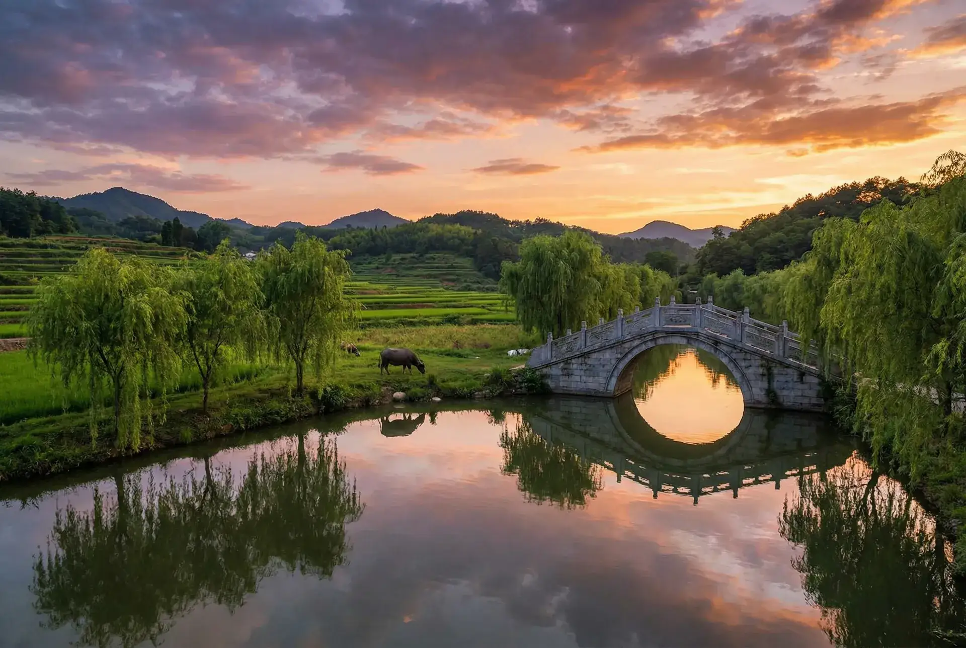 夕阳下的石拱桥与垂柳，水牛在河边吃草 - 3d肉蒲团迅雷 乡村美景